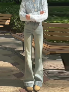 Light Wash Bell Bottom Jeans Womens High Waist Slimming Retro Floor Length Trousers Spring 2025 New Style Small Size Korean Version