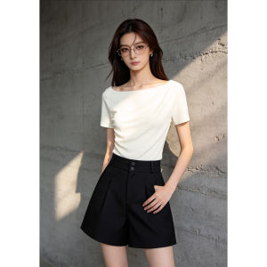 PIAOYA | New Waist-Cinching Ruffle Design Slimming Office-Style Square Neck Short Sleeve T-shirt