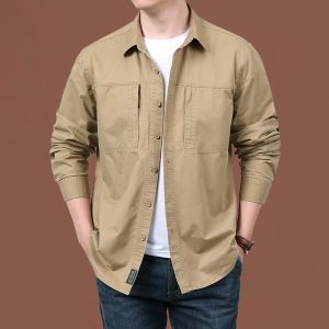 Double Zipper Large Pocket Mens Long Sleeve Cotton Shirt Spring New Style Workwear Fashion Urban Youth Thin Pure Cotton Shirt