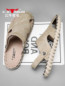 Bull Family Genuine Leather Sandals Mens Summer Outdoor Anti-slip Sports Toe Covering Slippers Beach Shoes for Youth