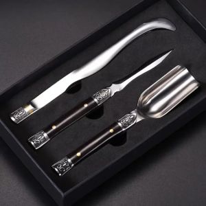 Damascus Steel Puerh Tea Knife Set of 3 - Stainless Steel and Brass Tea Set with Pick Ladle and Spoon Durable Tea Gift Set