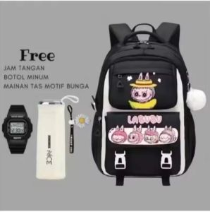 LABUBU Tas ransel sekolah anak perempuan remaja SD SMP gratis botol minum jam tangan dan gantungan tas bunga tas ransel