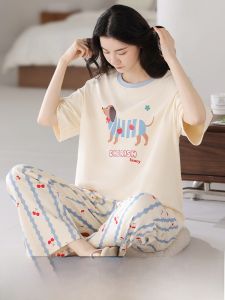 MiiOW | Pure Cotton Cat Person Sleepwear Womens Integrated Summer New Short Sleeve Long Pants Cute Home Clothes Set With Chest Pad