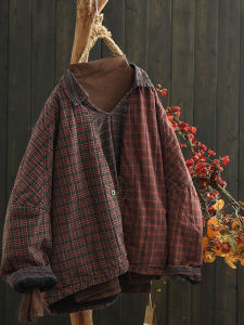 Italian Top Brand Fall and Winter Stylish Casual Gingham Linen Quilted Bat Coat Cotton Clothing Cotton Coat Tops