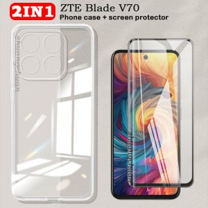 2PCS ZTE Blade V70 transparent phone case Bubia V70 screen tempered glass protective film covers the full screen of the fall-proof phone case ZTE Blade V70 Max case