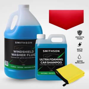 Smithson Daily Driver Essentials – Windshield Washer Fluid Shampoo and Towel Car Care Bundle for Cars and Motors