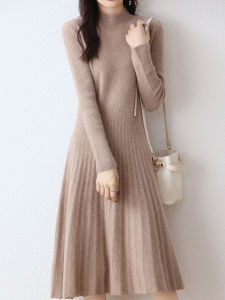 100% Pure Wool Knitted Dress Womens Midi Slim Fit Cashmere Full Skirt Half High Collar Long Sleeve Commute Style Solid Color