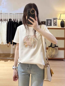 เสื้อยืดคอกลมแขนสั้นพิมพ์ลายช้างสีน้ำเงินสำหรับผู้หญิงในฤดูร้อน เสื้อเชิ้ตทรงหลวมๆ สไตล์อเมริกัน เสื้อผ้าทำงานสไตล์เกาหลี