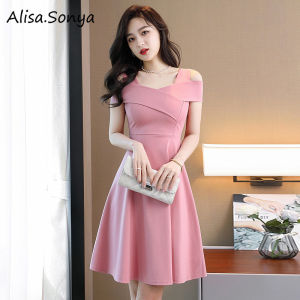 (Cle)Alisa.Sonya Hở Vai Bridemaid Dresses Cho Womens Cổ Điển A-Line Đầm dáng xòe Cho khách mời đám cưới Dài đến đầu gối dây đeo spaghetti Đầm trang trọng