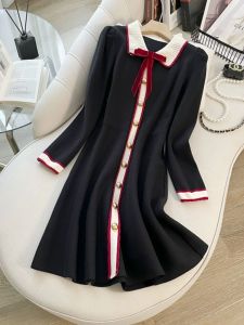 Wedding Dress Knitted A-Line Mini Skirt with Doll Collar High Waist Butterfly Knot Spring Autumn Celebration Red Dress