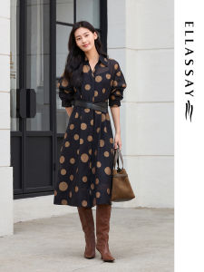 Elegant Autumn New ELLASSAY Womens Dress True Two-Piece Vinegar Acetate Ogees Soft V-Neck Short Sleeve Shirt Dress