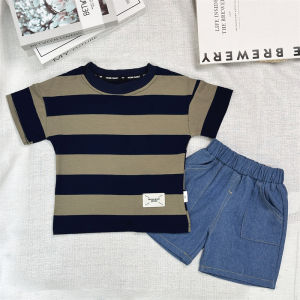 Boys summer clothes suit newborn handsome fashion comfortable top + denim shorts clothes combination baby Korean version striped high-quality short-sleeved suit.