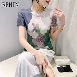 REHIN Summer new fashion unique pattern printing short-sleeved T-shirt round collar elegant womens top