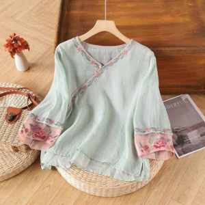 Summer Linen Cotton Blouse for Women Loose Fit V-Neck Cotton 100% Material Embroidered Womens Shirt