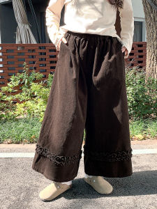 Vintage Style Corduroy Wide Leg Pants Womens Coffee Color Ear Look Pocket High Waist Trousers Autumn Season Casual Pants