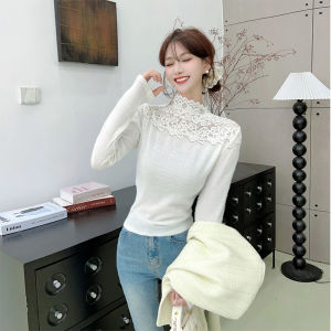 เสื้อเชิ้ตคอตั้งแขนยาวผ้าลูกไม้สไตล์นุ่มๆ สำหรับผู้หญิง เสื้อชั้นในสีพื้น ฤดูใบไม้ร่วง 2024 เสื้อเชิ้ตคอตั้งสไตล์เกาหลี