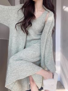 Bộ Váy Cardigan Dệt Kim Dài Vừa Phải Kiểu Pháp Cho Nữ Mùa Thu 2023 Bộ Váy Dài Cổ Chữ V Dài Tay Phong Cách Thường Ngày