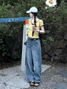 Quần Jeans Nữ Ống Rộng Dài Đến Sàn Phong Cách Mỹ Rửa Sạch Cạp Cao Quần Dài Ôm Dáng Thu Đông