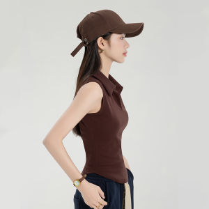 Summer 2025 Womens Slim Fit Polo Neck Sleeveless Tank Top Trendy Inner And Outer Wear Coffee Color Belted Design Casual Style