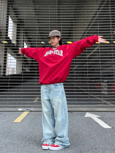 สูง เอว ขาตรง เดนิม กางเกงยีนส์ ผู้ชาย หลวม ลำลอง ยาว กางเกงขายาว ขากว้าง อินเทรนด์ สตรีทสไตล์ Vintage Washed Blue กางเกงยีนส์