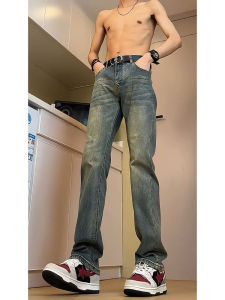 กางเกงยีนส์ทรงตรงเอวสูงทรงหลวมสำหรับผู้ชาย ทรงขากระบอกเล็ก ทรงสลิม ทรงหลวม กางเกงยีนส์ทรงสตรีทสีน้ำเงินสีฟ้าอ่อน สไตล์ย้อนยุค