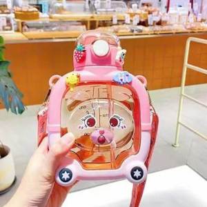 High-value cute girl straw cup Internet celebrity bear potbelly cup large-capacity portable double-drink plastic water cup