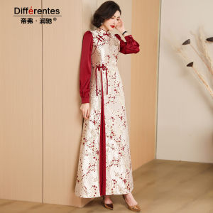 ชุดแต่งงานสีแดงสไตล์จีนใหม่ ชุดยาวหรูหราสำหรับเจ้าสาว ชุดราตรีผู้หญิง ฤดูใบไม้ผลิและฤดูใบไม้ร่วง แขนยาว กระโปรงทรงเอ