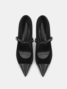 สีดำ รองเท้าส้นสูง Mary Janes ขนาดใหญ่ เรียบหรู กริชบาง ผู้หญิง แฟชั่นย้อนยุคหัวเข็มขัดขึ้นรองเท้าศาลกํามะหยี่ หนัง