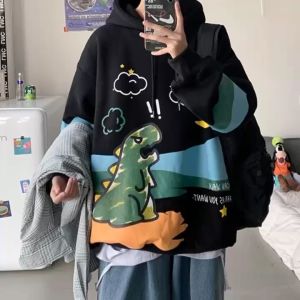 เสื้อแจ็คเก็ตมีฮู้ดพิมพ์ลายการ์ตูนไดโนเสาร์สำหรับผู้ชายคู่หลวมสวมเสื้ออินเทรนด์