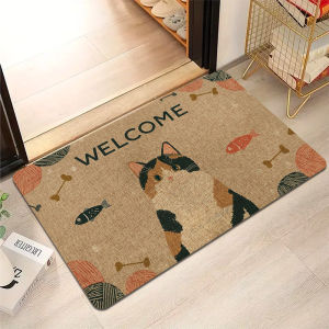 Thảm Chùi Chân Hình Mèo Calico Hoạt Hình VIKAMA Chống Trơn Trượt Giặt Được Họa Tiết Sợi Cá Dùng Cho Lối Vào Hiên Nhà Trang Trí Nhà Cửa 100% Polyester