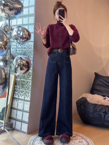 Fall Winter 2024 New Lazy Style Fashion High Neck Knitted Sweater High Waist Jeans Two Piece Set Womens Clothing Cotton Long Pants