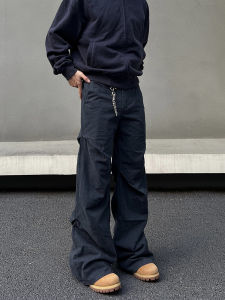 BLAEXIT American Retro Grey Workwear Mens Casual Pants Wrinkled Loose Fit Micro Flared Clean Fit Breathable Cotton Long Pants