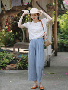 Floral K228 Womens Casual Pants Pink Draped Breathable Linen Vertical Stripe High Waist Nine Point Summer New Arrival