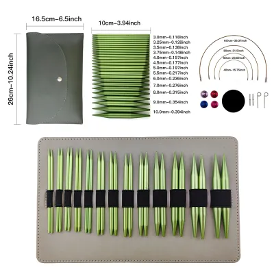 ≮529≯1 Set of 39 Pieces of Sweater Needles Green Alumina Removable Circular Needles 3.0-10.0mm 13 Card-Packed Pu Bag Set