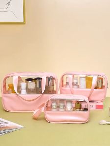 3pcs Upgraded Thicker Waterproof Cosmetic Bag Travel PVC Transparent PU Leather Spliced Travel Portable Storage Bag