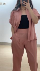 4817 saszy button collar pocket linen crinkle one set wanita