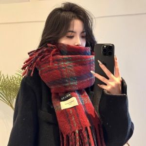 STELU Wine Red Cashmere Plaid Scarf Womens Winter New Style Atmosphere High-End Christmas New Year Gift Long Rectangle Shape