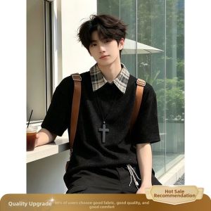 ZHUOCAN | American Plaid Fake Layer College Style Heavy Duty Regular Shoulder Polo Shirt