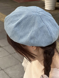 Classic Denim Beret Hat Floral Bud Cap Versatile Three-Dimensional Octagonal Casual Style for Shopping And All Seasons