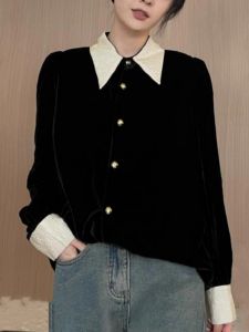 เสื้อเชิ้ตผู้หญิงสไตล์ฝรั่งเศส หรูหรา ลดอายุ แฟชั่นฤดูใบไม้ร่วง ผ้าฝ้ายผสมโพลีเอสเตอร์ ปกโปโล 3 กระดุม ปกติ