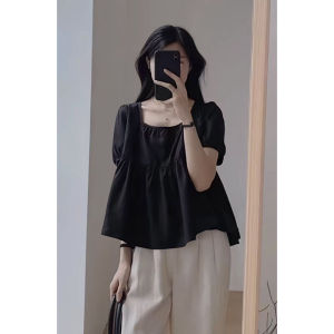 French Style Puff Sleeves Square Collar Shirt Womens Summer Wear Plus Size Plus Size Ladies Belly Covering Slim Looking Tops All-Matching Youthful-Looking Doll Shirt