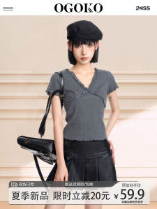 Áo Thun Nữ Tay Ngắn Cổ Chữ V Ren Viền Màu Xám Ôm Vừa Vặn Mùa Hè Thiết Kế Áo Ngắn Bên Trong Cho Nữ