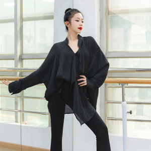 Womens Latin Dance Practice Uniform Long Sleeve V-Neck Loose Slimming Overhead Shirt Training Fitness Sportswear Top