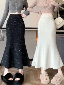 Shiny Sequin Knitted Mini Skirt Womens High Waist A-Line Skirt Floor-Length Fish Tail Wrap Body Skirt Autumn Winter New Arrival