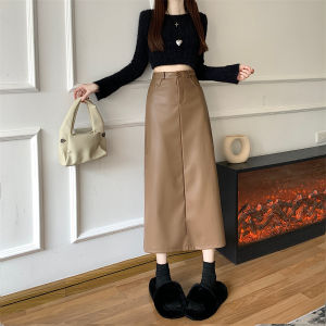 High Waist A-Line PU Mini Skirt for Women Black Slit Design Korean Style Commute Pure Color Mid-Length Zipper Detail