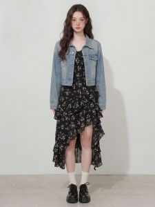 RELNLEX | Bộ Đồ 2 Mảnh Áo Khoác Jean Vintage Dáng Rộng và Chân Váy Hoa