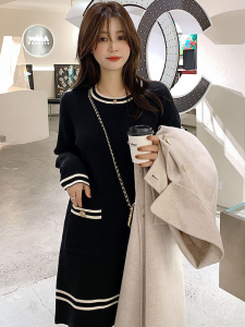 French Style Knitted Dress Womens Autumn Winter Small Size Loose Base Layer Matching Coat Sweater Midi Dress A-Line Skirt