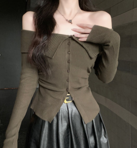 GUZILIAN | Autumn Short Sleeveless One Shoulder Long Sleeve Base Shirt Womens Inner Wear Design Sense Knitted Top Stylish Initial Feeling