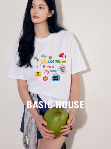 Basic House | Cotton White Round Neck Printed T Shirt