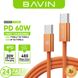 BAVIN CB416 60W PD Fast Charging 1m Braided Cable iPh / Type-C to Type-C 480Mbps Compatible w/iPh 15-17 & Type-C Devices